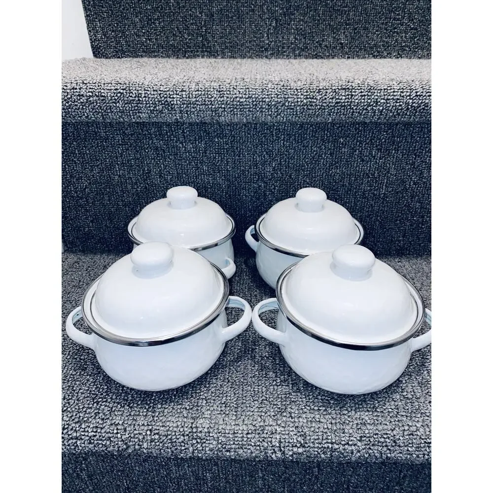 X4 Lot Golden Rabbit White Set Enamelware Small Soup Pots Little For Set Metal